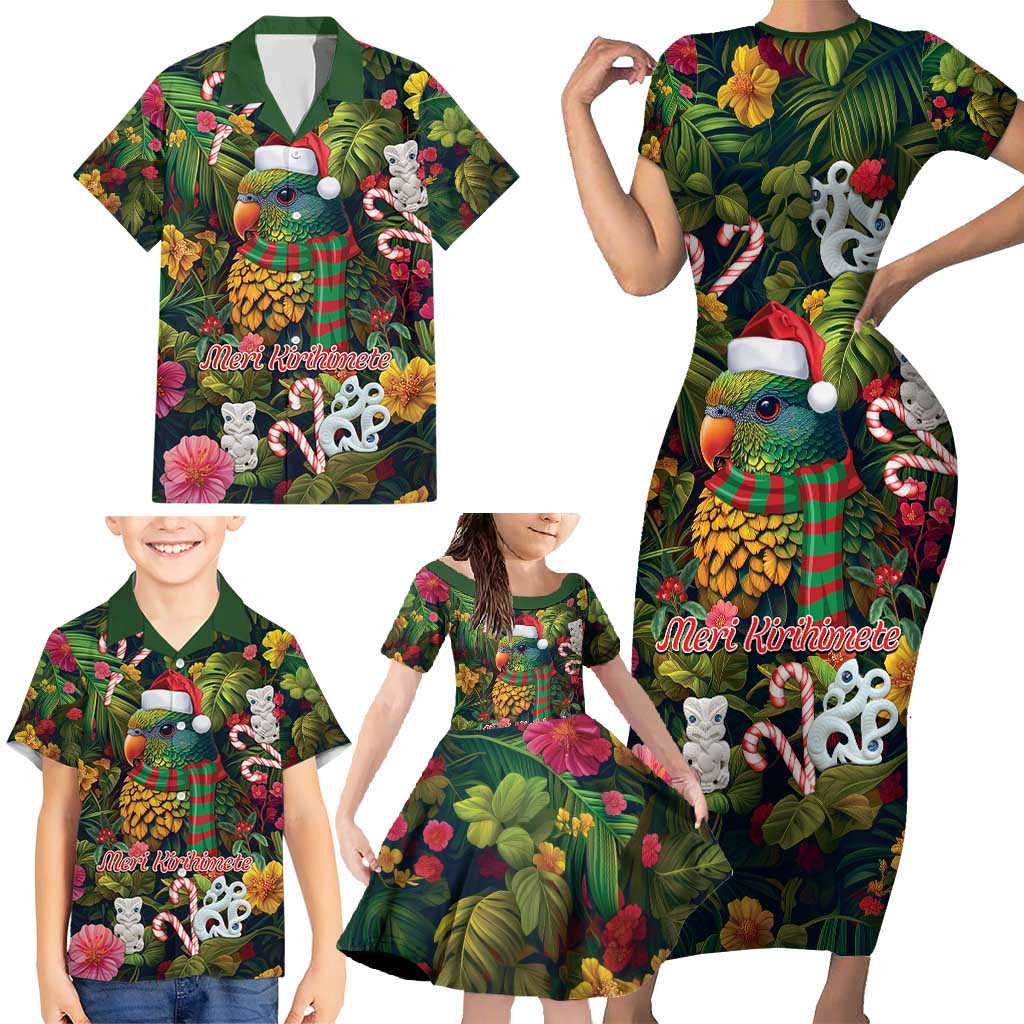 Meri Kirihimete Kakapo Santa Family Matching Short Sleeve Bodycon Dress and Hawaiian Shirt Merry Christmas with Tropical Vibe