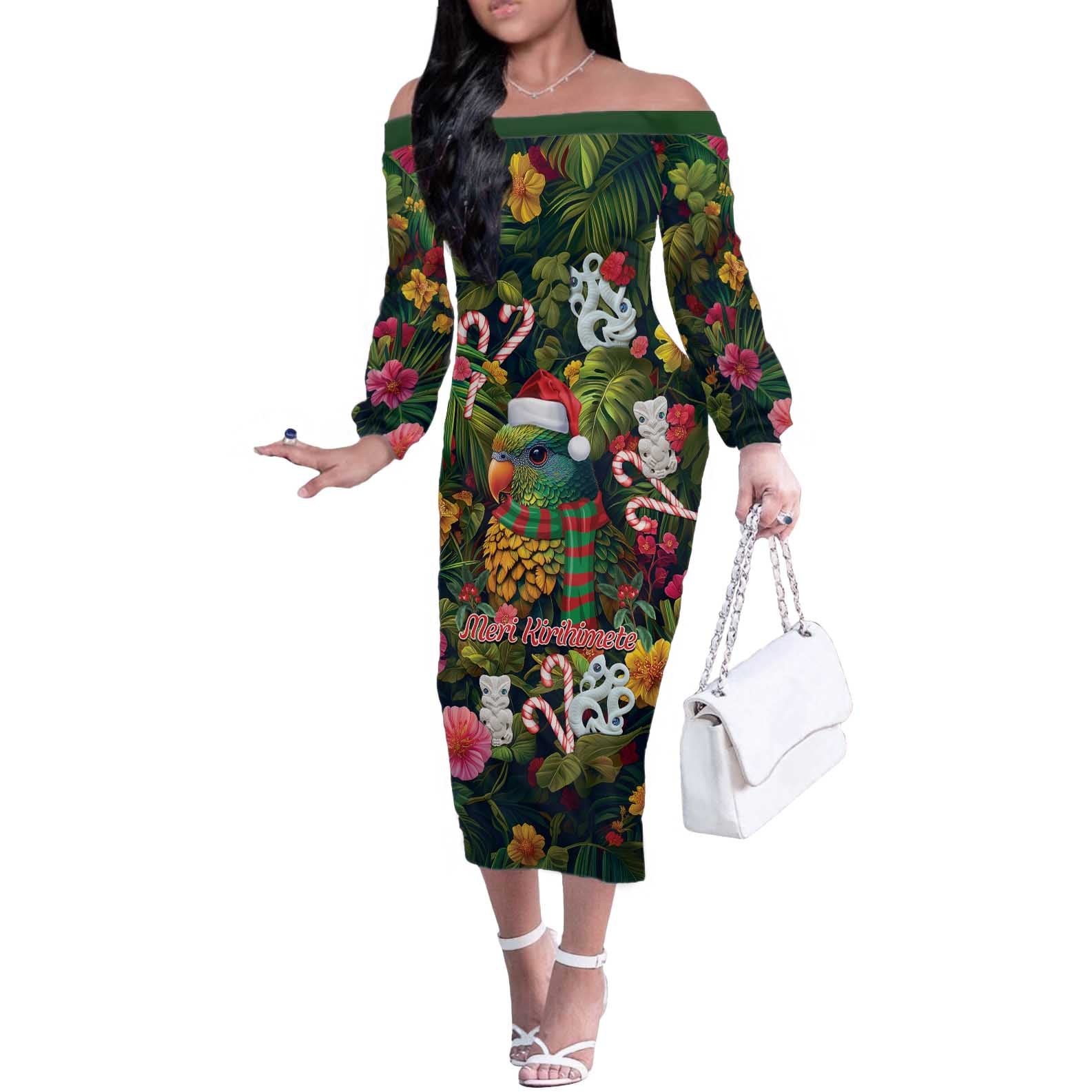 Meri Kirihimete Kakapo Santa Off The Shoulder Long Sleeve Dress Merry Christmas with Tropical Vibe