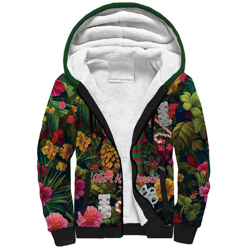 Meri Kirihimete Kakapo Santa Sherpa Hoodie Merry Christmas with Tropical Vibe LT9 Unisex Green - Polynesian Pride