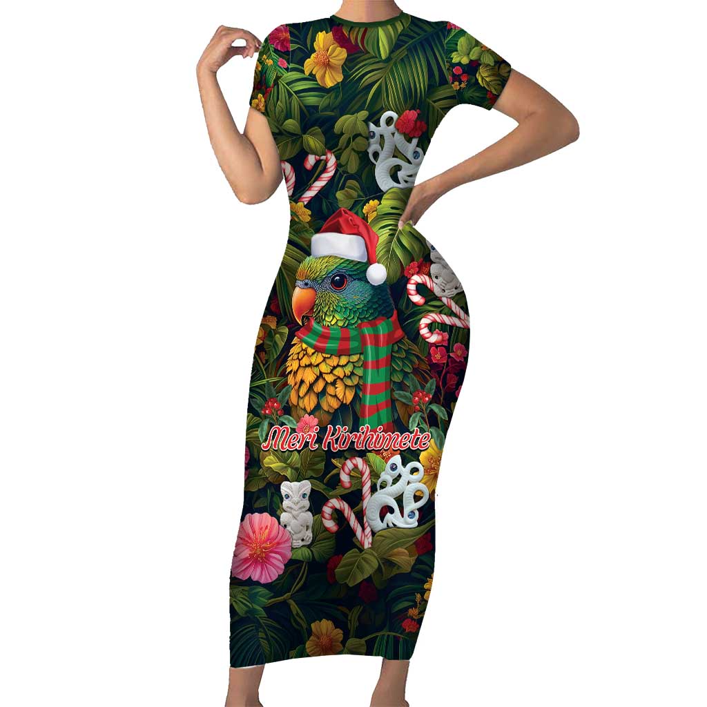 Meri Kirihimete Kakapo Santa Short Sleeve Bodycon Dress Merry Christmas with Tropical Vibe