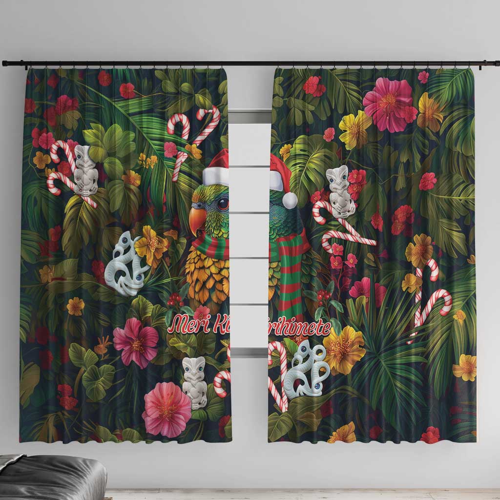 Meri Kirihimete Kakapo Santa Window Curtain Merry Christmas with Tropical Vibe LT9 With Hooks Green - Polynesian Pride