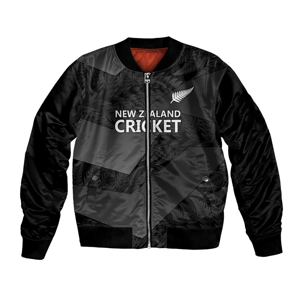 New Zealand Cricket Custom Bomber Jacket Potae Pango Black Fern Pattern LT9 Unisex Black - Polynesian Pride