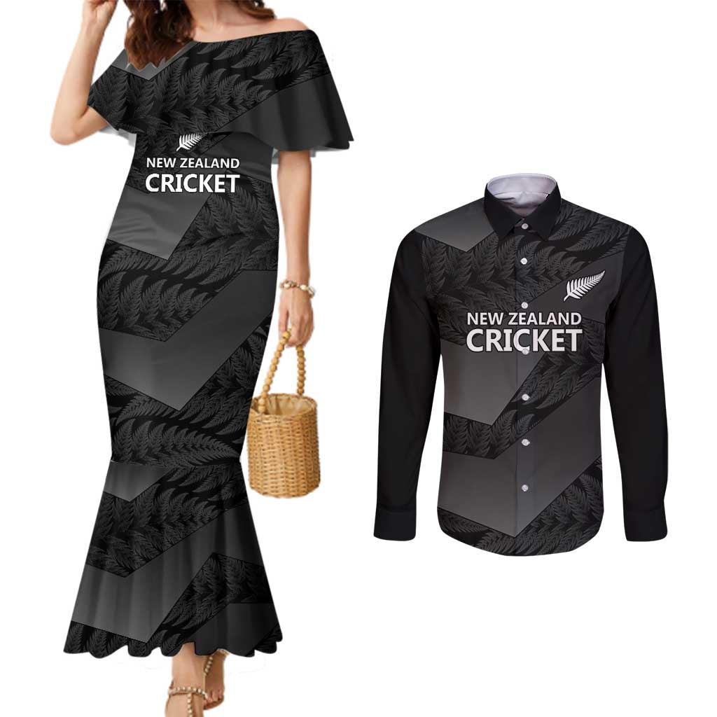 New Zealand Cricket Custom Couples Matching Mermaid Dress and Long Sleeve Button Shirt Potae Pango Black Fern Pattern LT9 Black - Polynesian Pride