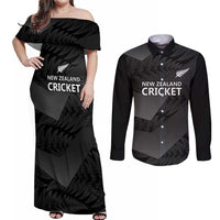 New Zealand Cricket Custom Couples Matching Off Shoulder Maxi Dress and Long Sleeve Button Shirt Potae Pango Black Fern Pattern LT9 Black - Polynesian Pride