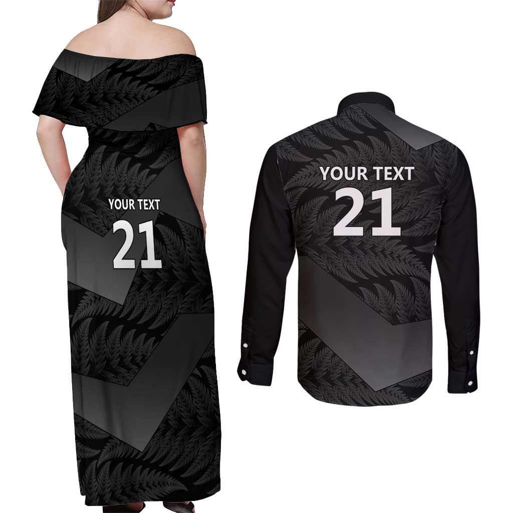 New Zealand Cricket Custom Couples Matching Off Shoulder Maxi Dress and Long Sleeve Button Shirt Potae Pango Black Fern Pattern LT9 - Polynesian Pride