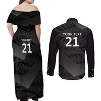 New Zealand Cricket Custom Couples Matching Off Shoulder Maxi Dress and Long Sleeve Button Shirt Potae Pango Black Fern Pattern LT9 - Polynesian Pride