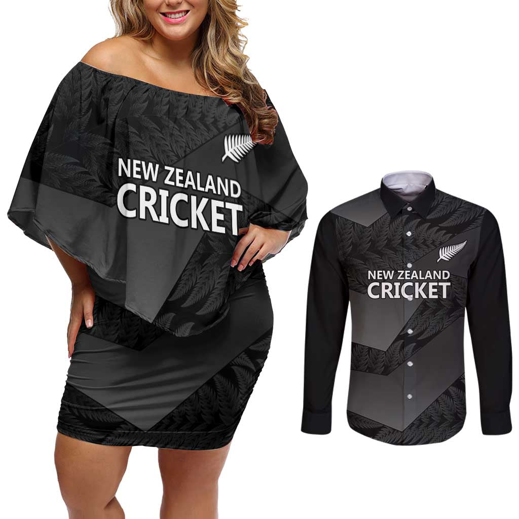 New Zealand Cricket Custom Couples Matching Off Shoulder Short Dress and Long Sleeve Button Shirt Potae Pango Black Fern Pattern LT9 Black - Polynesian Pride