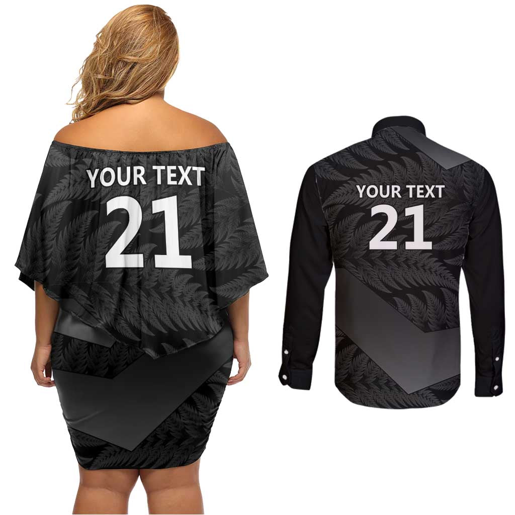 New Zealand Cricket Custom Couples Matching Off Shoulder Short Dress and Long Sleeve Button Shirt Potae Pango Black Fern Pattern LT9 - Polynesian Pride