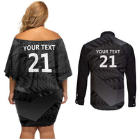 New Zealand Cricket Custom Couples Matching Off Shoulder Short Dress and Long Sleeve Button Shirt Potae Pango Black Fern Pattern LT9 - Polynesian Pride