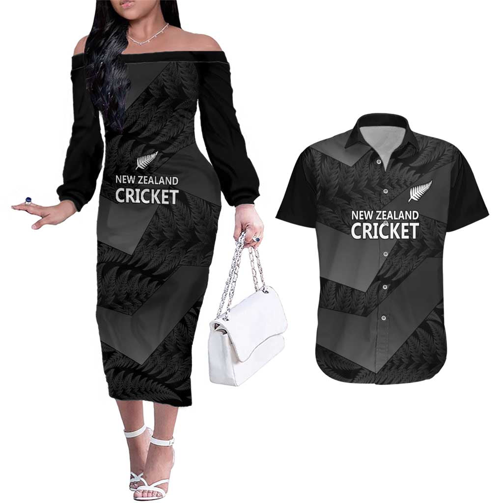 New Zealand Cricket Custom Couples Matching Off The Shoulder Long Sleeve Dress and Hawaiian Shirt Potae Pango Black Fern Pattern LT9 Black - Polynesian Pride