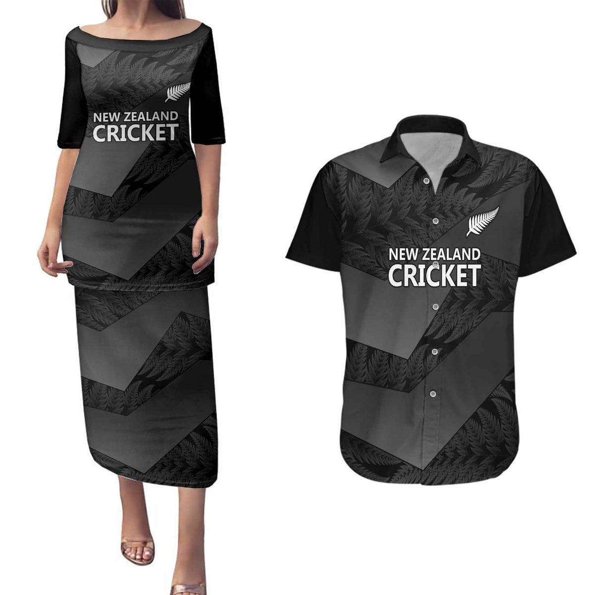 New Zealand Cricket Custom Couples Matching Puletasi and Hawaiian Shirt Potae Pango Black Fern Pattern LT9 Black - Polynesian Pride