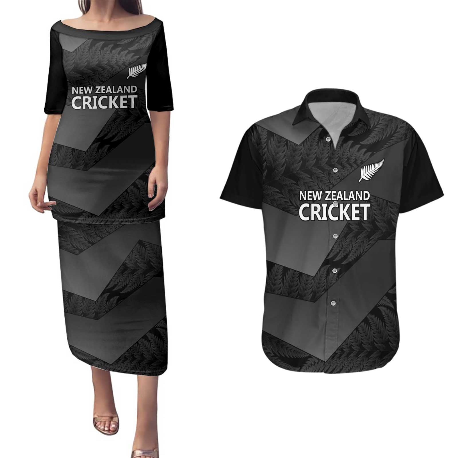 New Zealand Cricket Custom Couples Matching Puletasi and Hawaiian Shirt Potae Pango Black Fern Pattern LT9 Black - Polynesian Pride
