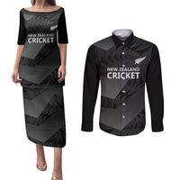 New Zealand Cricket Custom Couples Matching Puletasi and Long Sleeve Button Shirt Potae Pango Black Fern Pattern LT9 Black - Polynesian Pride