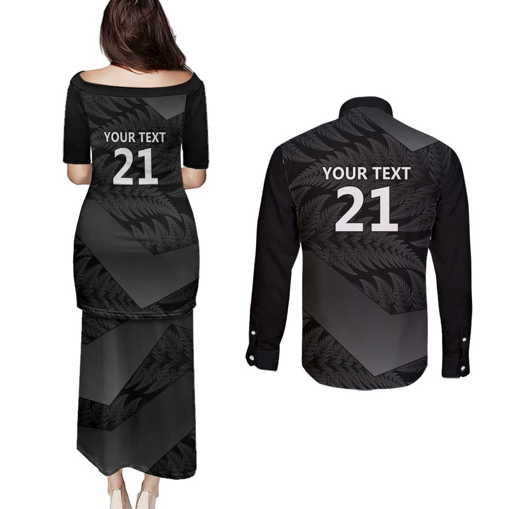 New Zealand Cricket Custom Couples Matching Puletasi and Long Sleeve Button Shirt Potae Pango Black Fern Pattern LT9 - Polynesian Pride