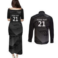 New Zealand Cricket Custom Couples Matching Puletasi and Long Sleeve Button Shirt Potae Pango Black Fern Pattern LT9 - Polynesian Pride