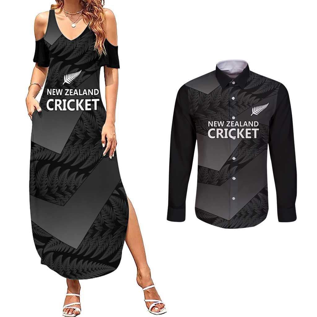 New Zealand Cricket Custom Couples Matching Summer Maxi Dress and Long Sleeve Button Shirt Potae Pango Black Fern Pattern LT9 Black - Polynesian Pride