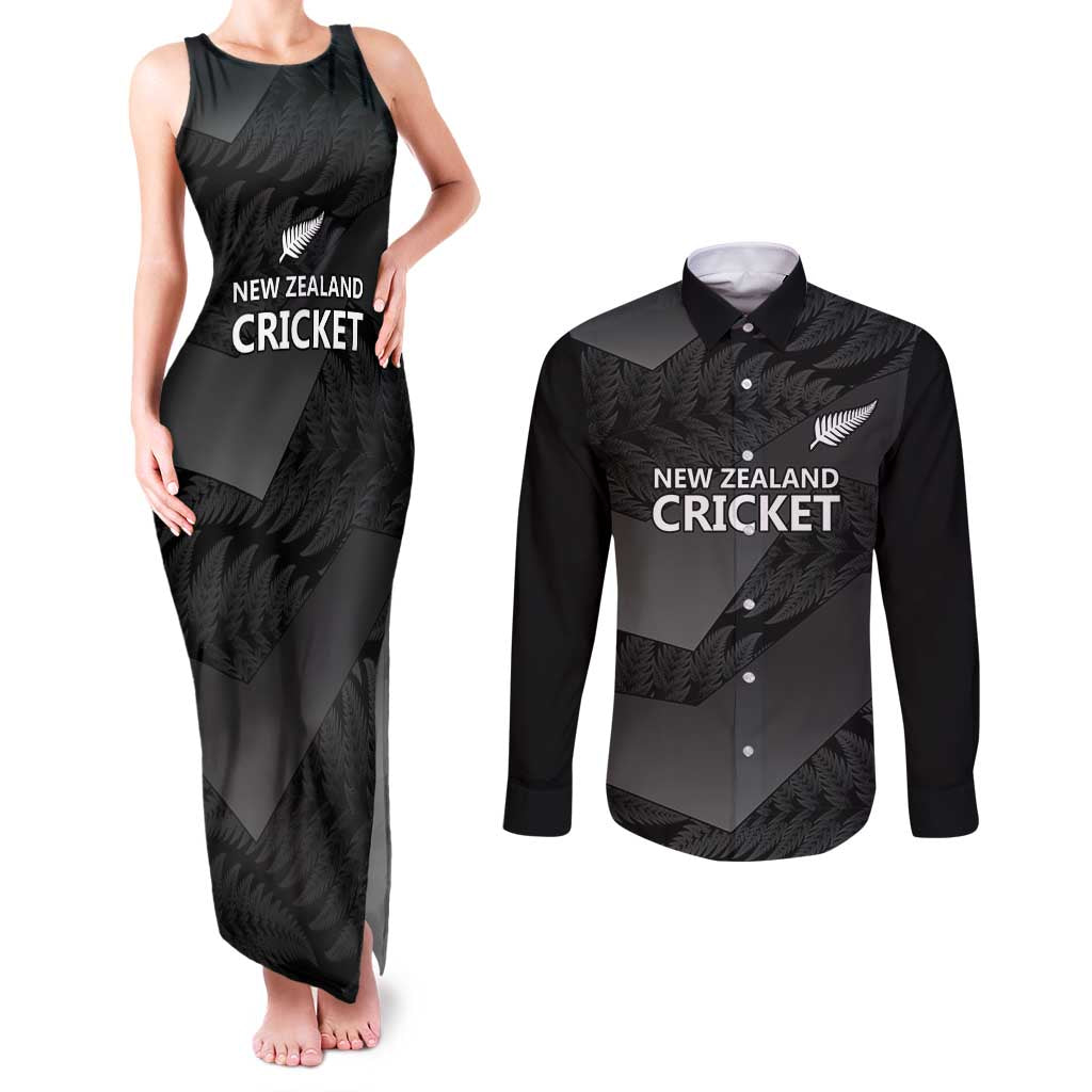New Zealand Cricket Custom Couples Matching Tank Maxi Dress and Long Sleeve Button Shirt Potae Pango Black Fern Pattern LT9 Black - Polynesian Pride