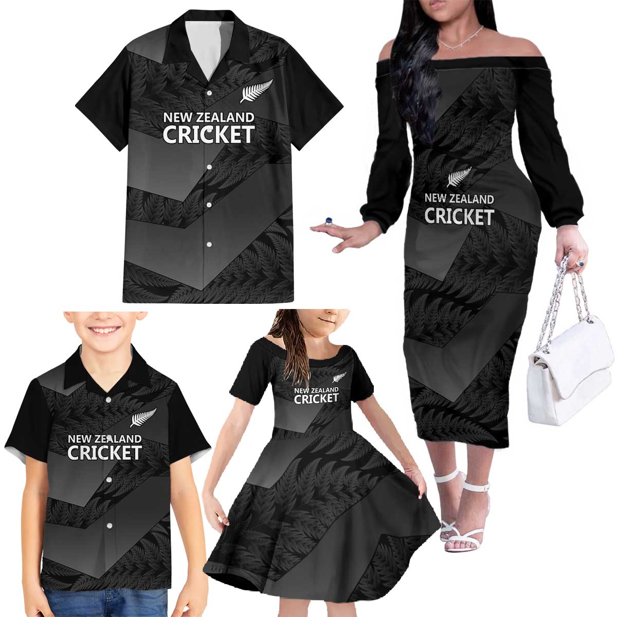 New Zealand Cricket Custom Family Matching Off The Shoulder Long Sleeve Dress and Hawaiian Shirt Potae Pango Black Fern Pattern