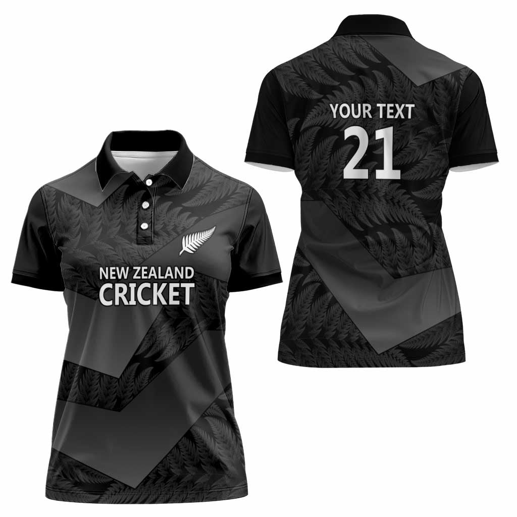 New Zealand Cricket Custom Women Polo Shirt Potae Pango Black Fern Pattern