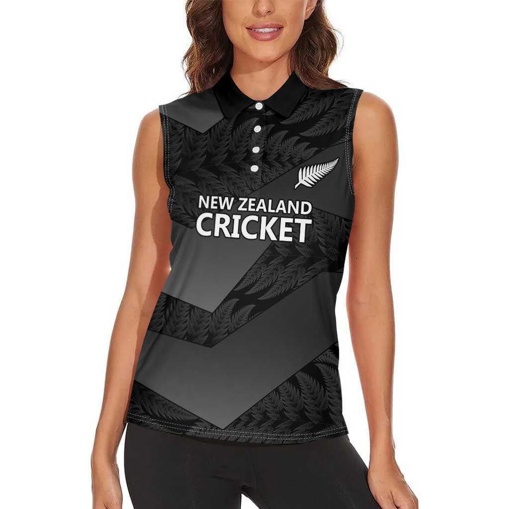 New Zealand Cricket Custom Women Sleeveless Polo Shirt Potae Pango Black Fern Pattern