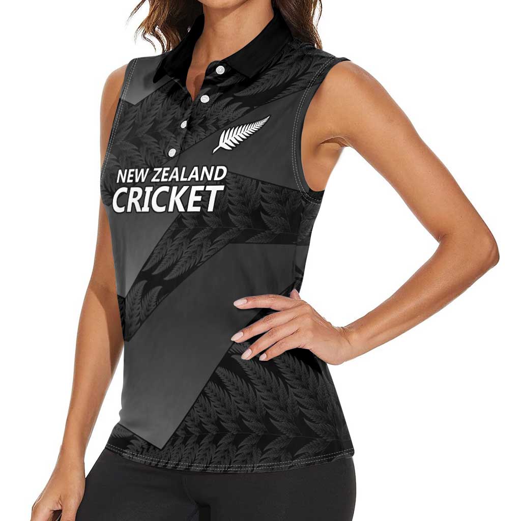 New Zealand Cricket Custom Women Sleeveless Polo Shirt Potae Pango Black Fern Pattern