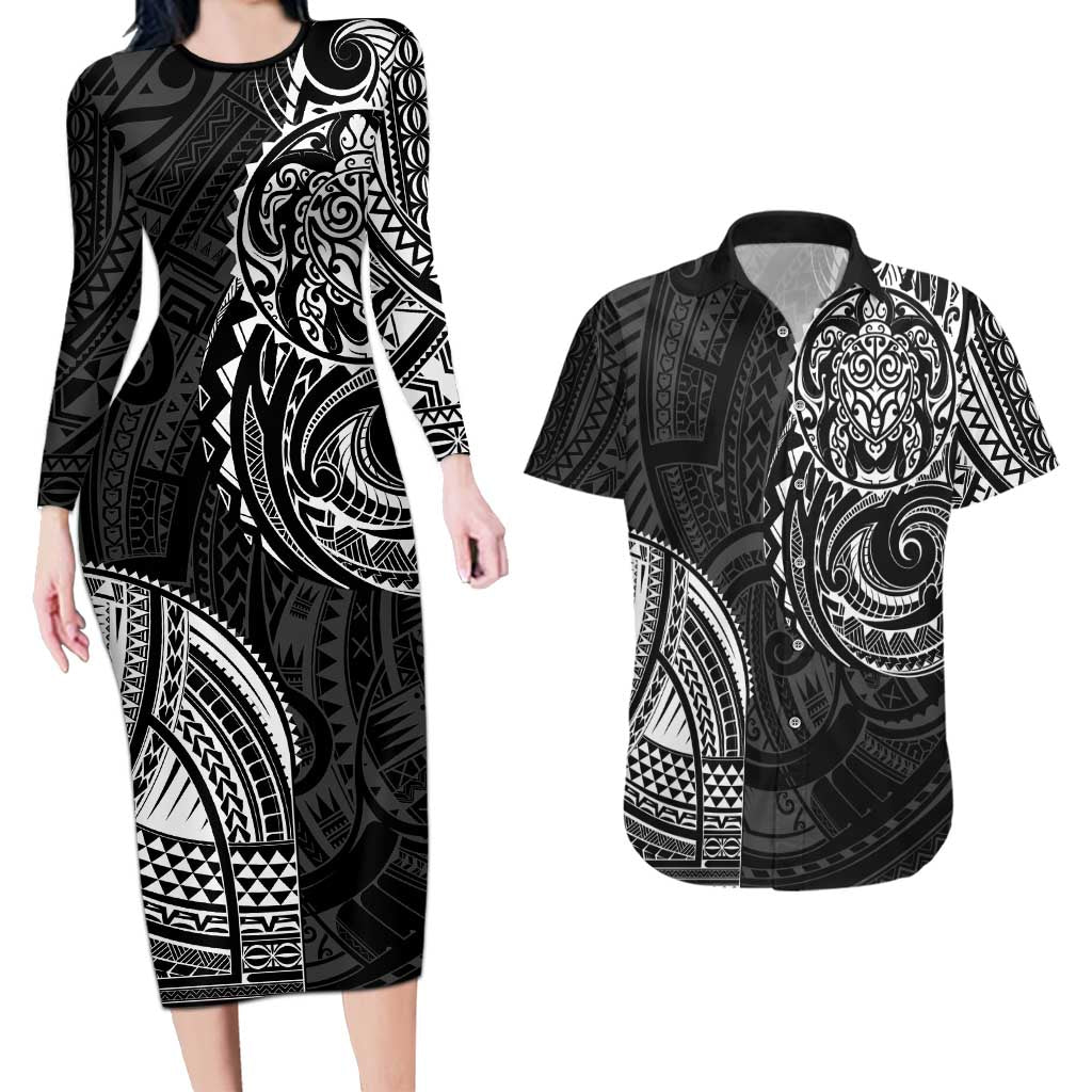 Polynesian Turtle Tribal Tattoo Couples Matching Long Sleeve Bodycon Dress and Hawaiian Shirt Black Style LT9 Black - Polynesian Pride