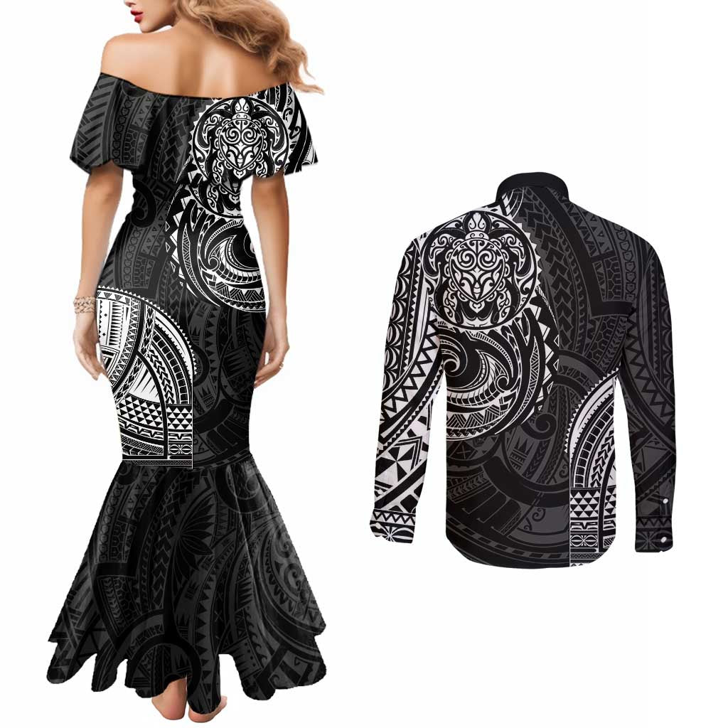 Polynesian Turtle Tribal Tattoo Couples Matching Mermaid Dress and Long Sleeve Button Shirt Black Style LT9 - Polynesian Pride