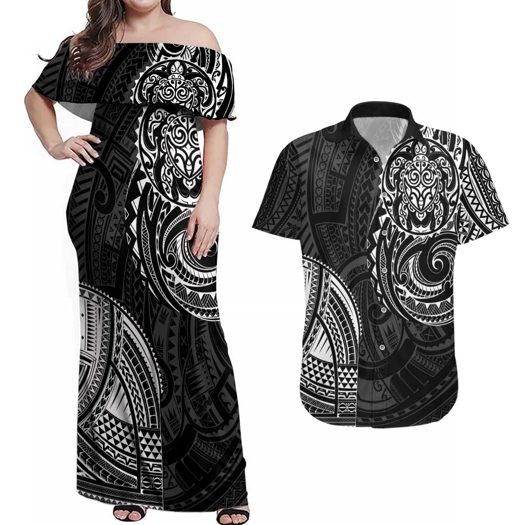 Polynesian Turtle Tribal Tattoo Couples Matching Off Shoulder Maxi Dress and Hawaiian Shirt Black Style LT9 Black - Polynesian Pride
