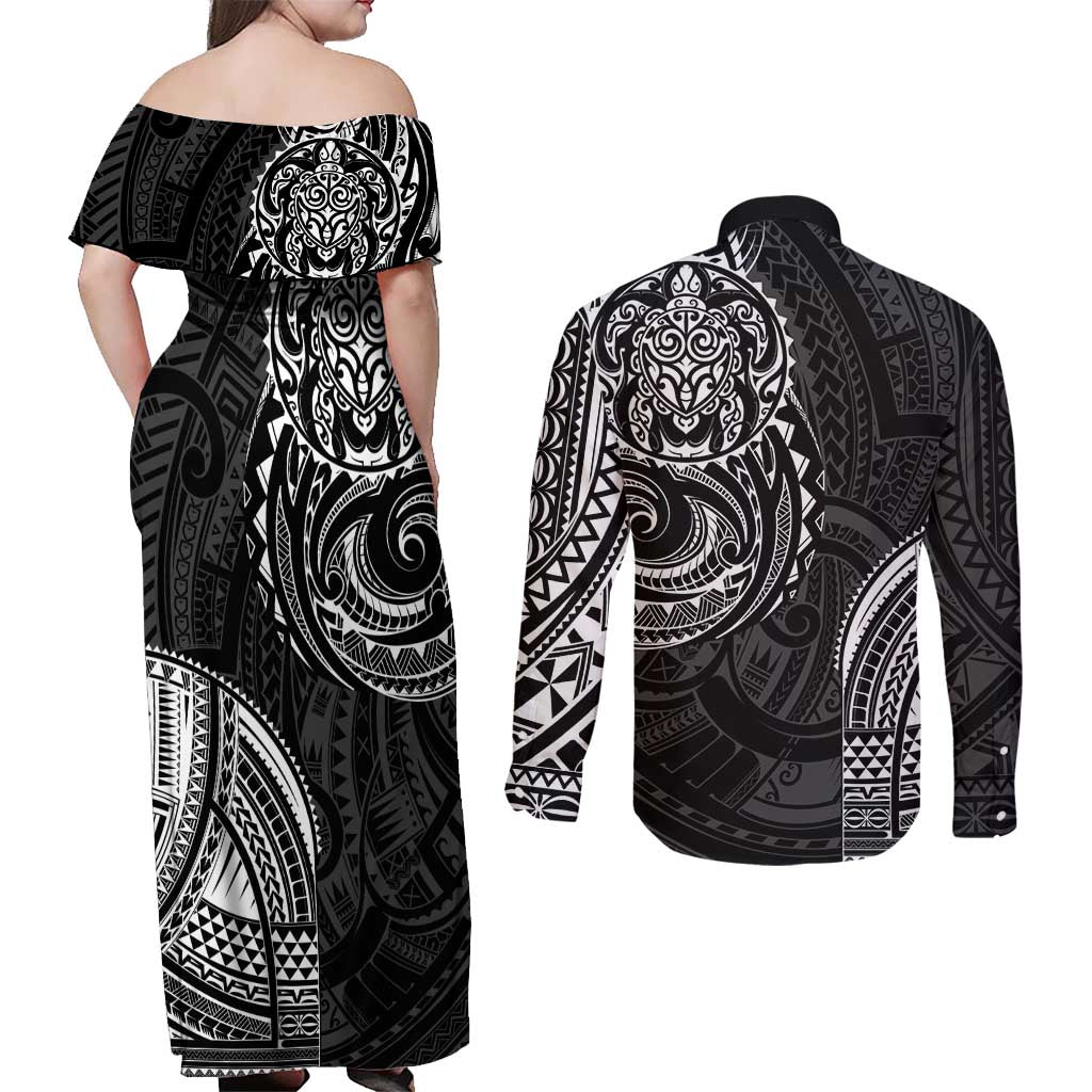 Polynesian Turtle Tribal Tattoo Couples Matching Off Shoulder Maxi Dress and Long Sleeve Button Shirt Black Style LT9 - Polynesian Pride