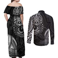 Polynesian Turtle Tribal Tattoo Couples Matching Off Shoulder Maxi Dress and Long Sleeve Button Shirt Black Style LT9 - Polynesian Pride