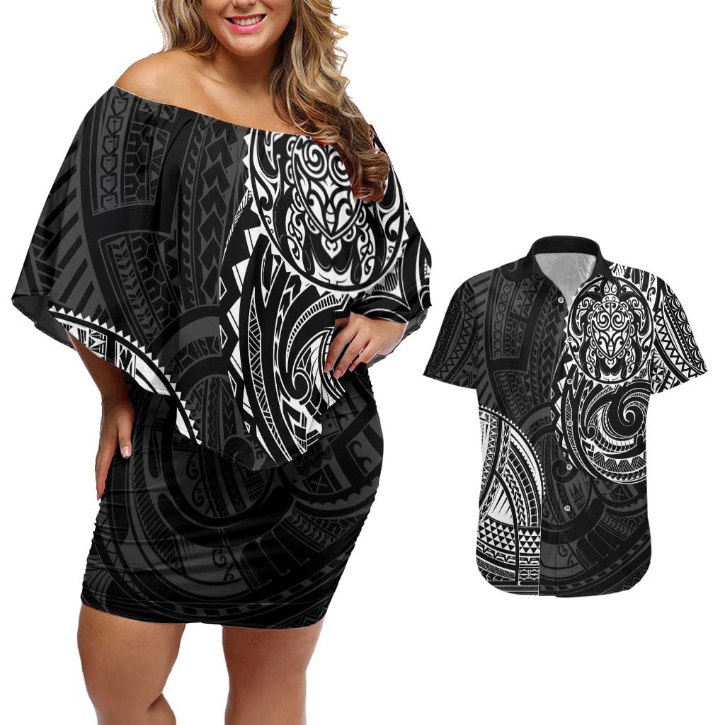 Polynesian Turtle Tribal Tattoo Couples Matching Off Shoulder Short Dress and Hawaiian Shirt Black Style LT9 Black - Polynesian Pride