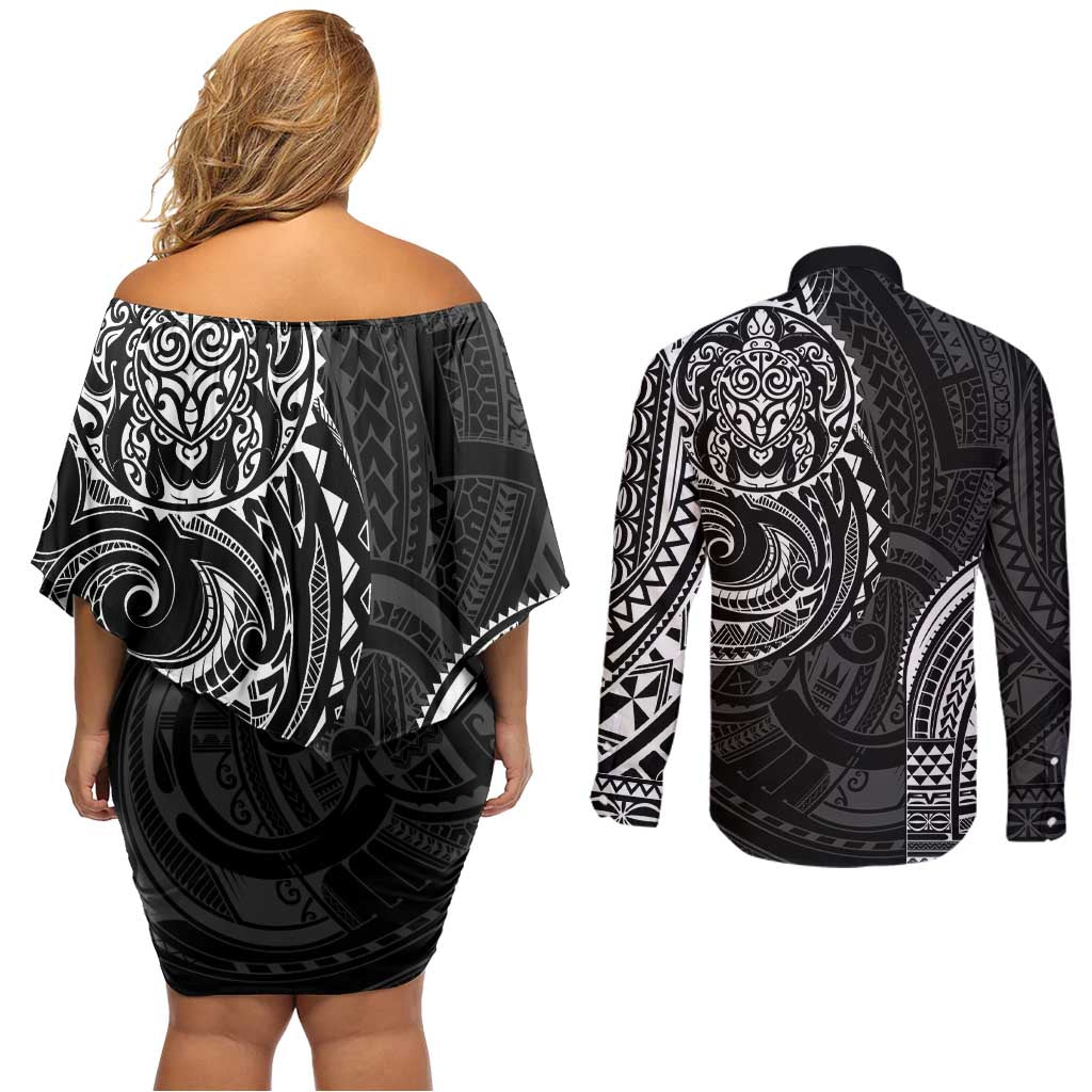 Polynesian Turtle Tribal Tattoo Couples Matching Off Shoulder Short Dress and Long Sleeve Button Shirt Black Style LT9 - Polynesian Pride