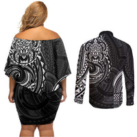Polynesian Turtle Tribal Tattoo Couples Matching Off Shoulder Short Dress and Long Sleeve Button Shirt Black Style LT9 - Polynesian Pride