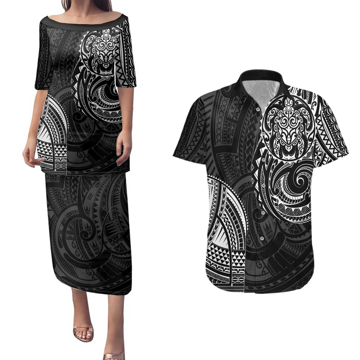 Polynesian Turtle Tribal Tattoo Couples Matching Puletasi and Hawaiian Shirt Black Style LT9 Black - Polynesian Pride