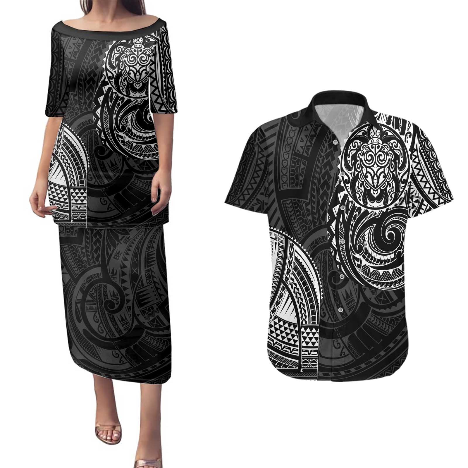 Polynesian Turtle Tribal Tattoo Couples Matching Puletasi and Hawaiian Shirt Black Style LT9 Black - Polynesian Pride