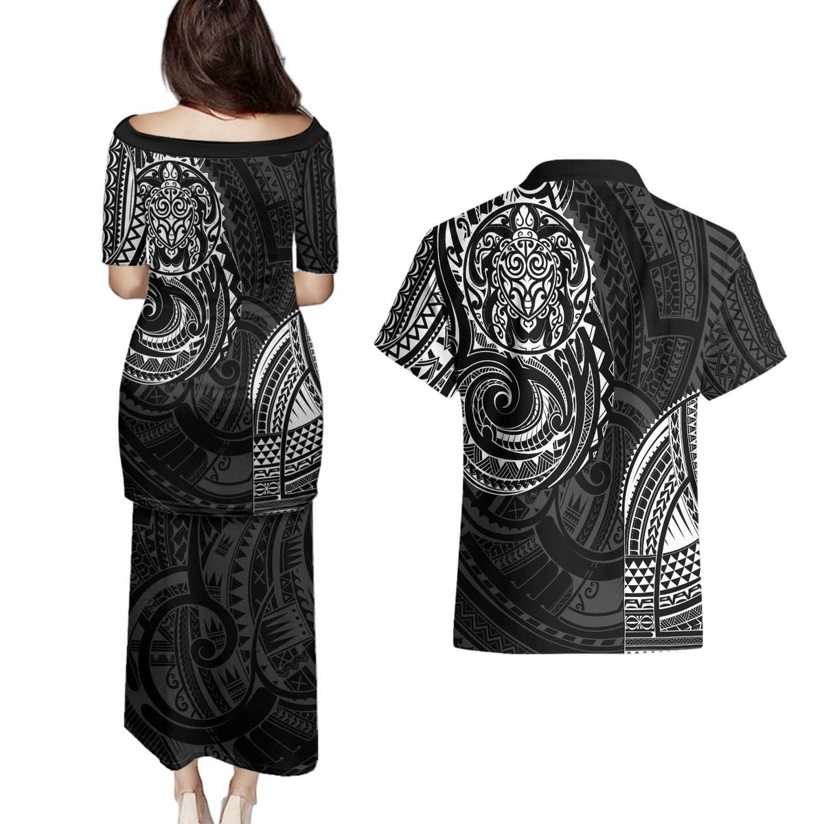 Polynesian Turtle Tribal Tattoo Couples Matching Puletasi and Hawaiian Shirt Black Style LT9 - Polynesian Pride