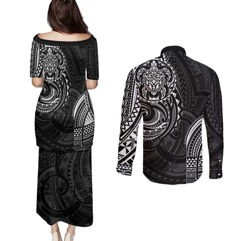 Polynesian Turtle Tribal Tattoo Couples Matching Puletasi and Long Sleeve Button Shirt Black Style LT9 - Polynesian Pride