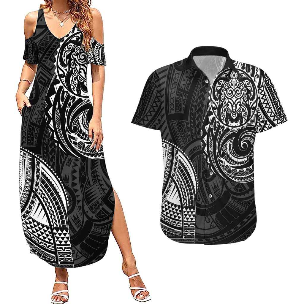 Polynesian Turtle Tribal Tattoo Couples Matching Summer Maxi Dress and Hawaiian Shirt Black Style LT9 Black - Polynesian Pride