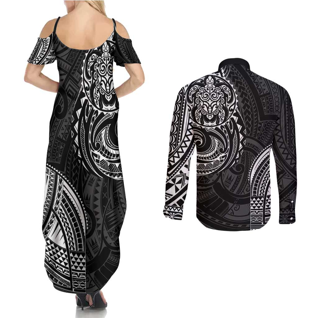Polynesian Turtle Tribal Tattoo Couples Matching Summer Maxi Dress and Long Sleeve Button Shirt Black Style LT9 - Polynesian Pride