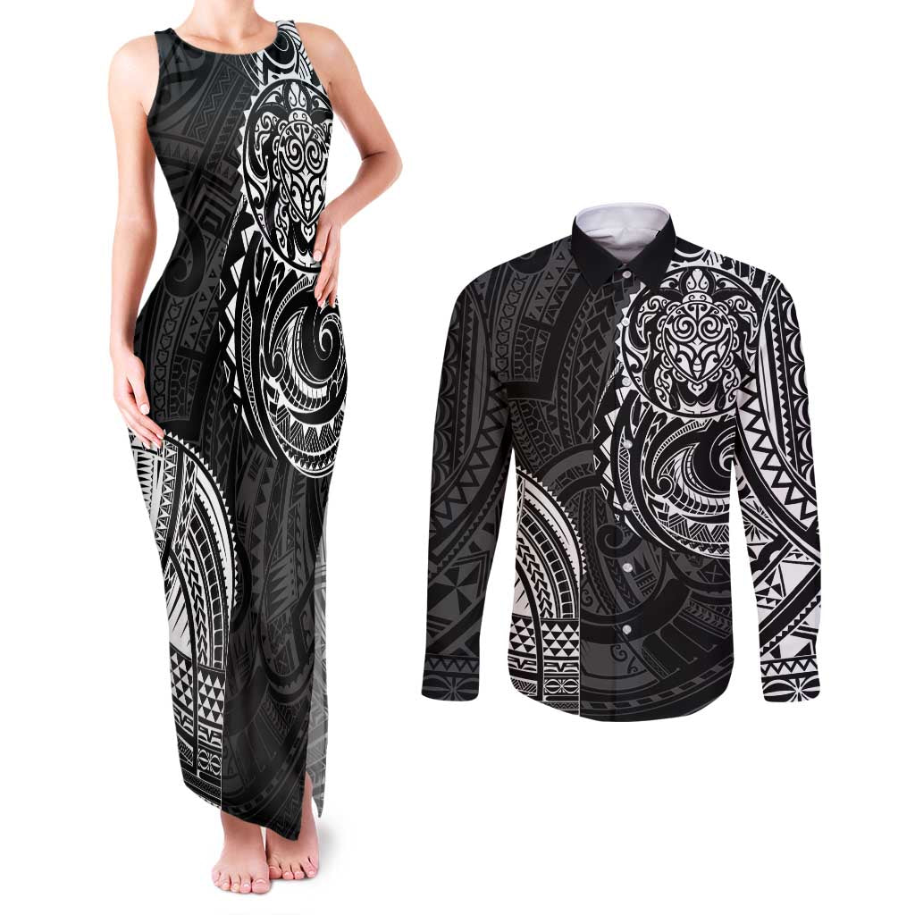 Polynesian Turtle Tribal Tattoo Couples Matching Tank Maxi Dress and Long Sleeve Button Shirt Black Style