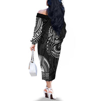 Polynesian Turtle Tribal Tattoo Family Matching Off The Shoulder Long Sleeve Dress and Hawaiian Shirt Black Style