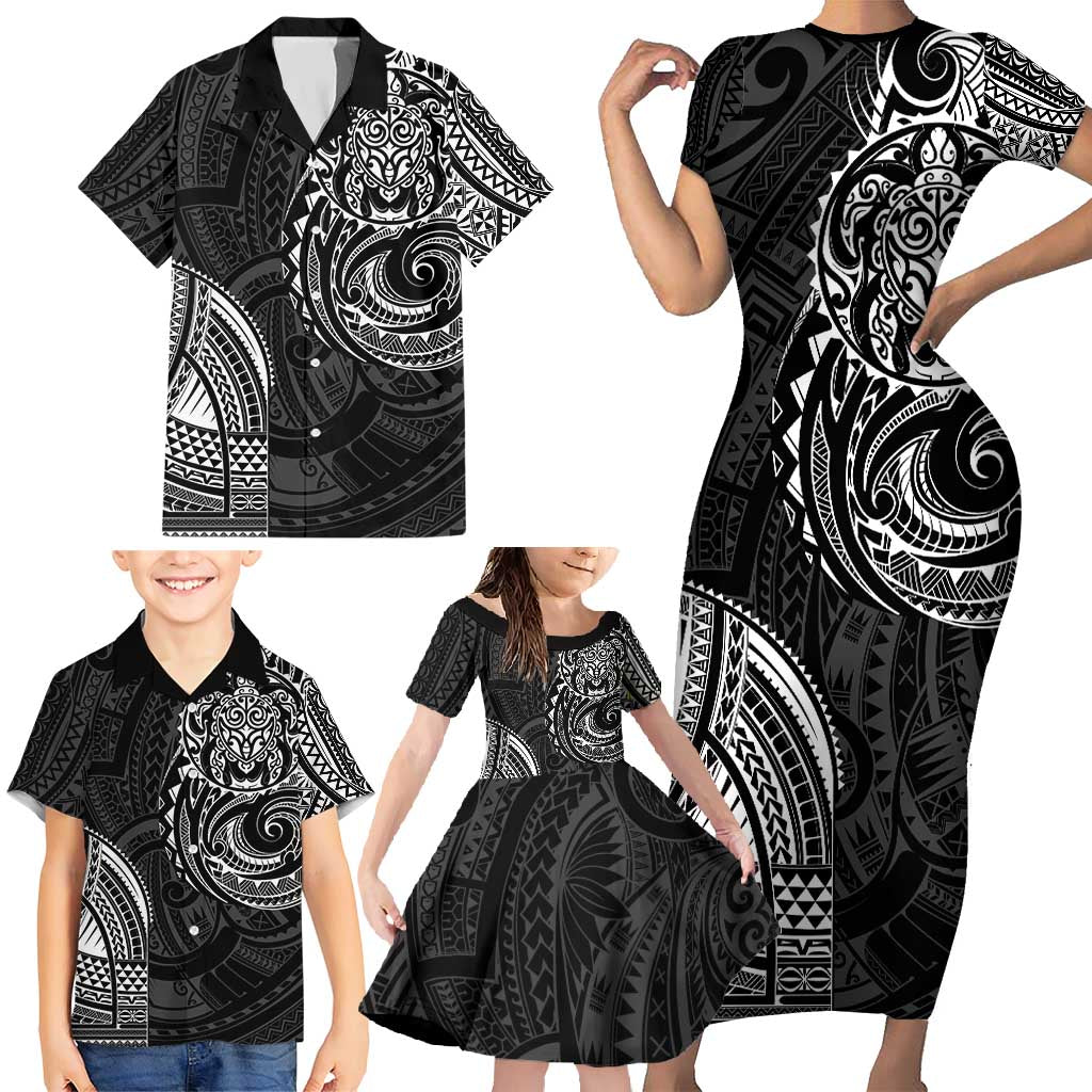 Polynesian Turtle Tribal Tattoo Family Matching Short Sleeve Bodycon Dress and Hawaiian Shirt Black Style