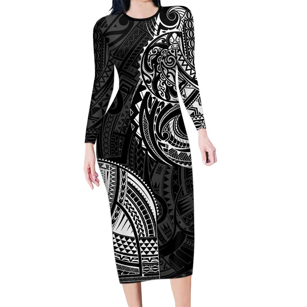 Polynesian Turtle Tribal Tattoo Long Sleeve Bodycon Dress Black Style