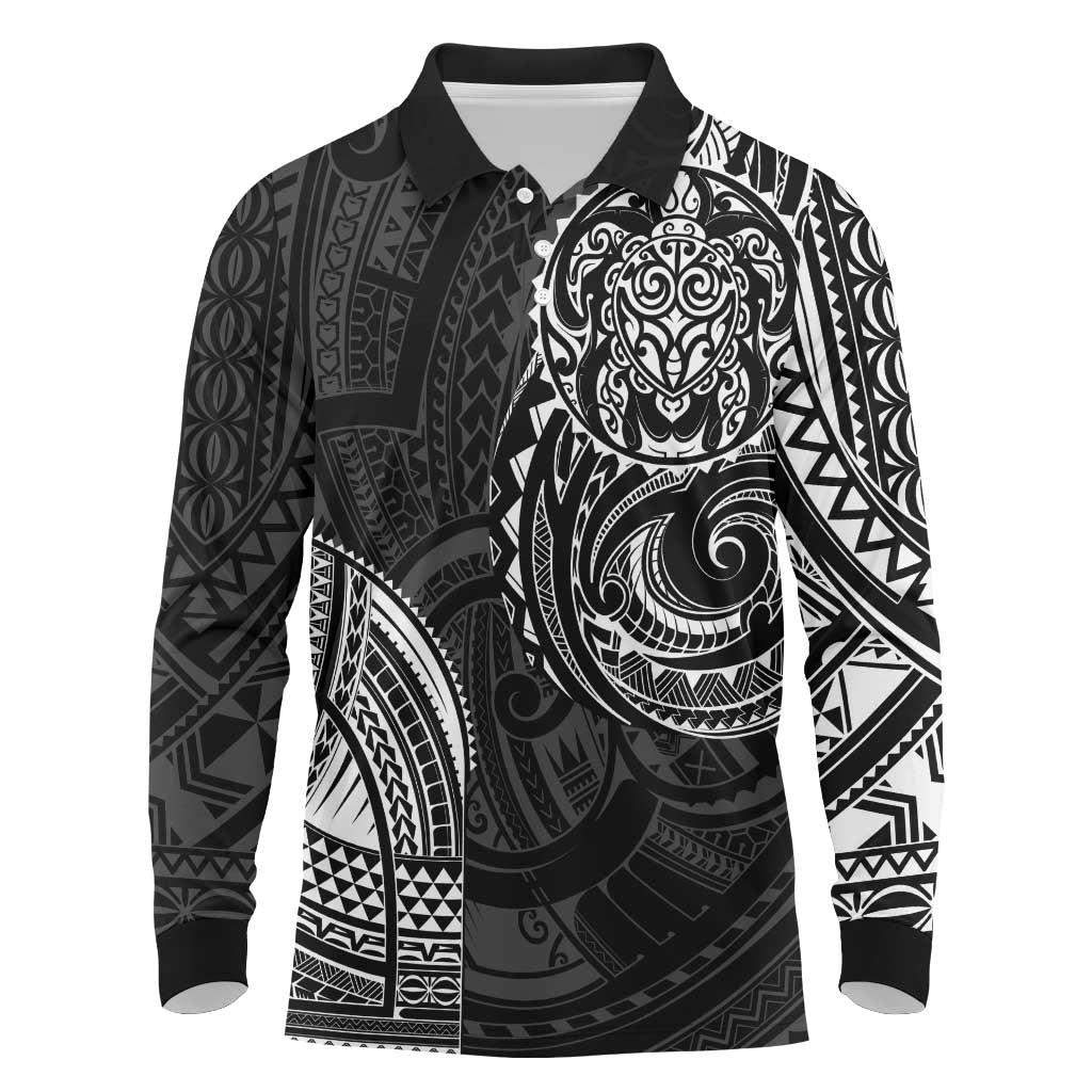 Polynesian Turtle Tribal Tattoo Long Sleeve Polo Shirt Black Style