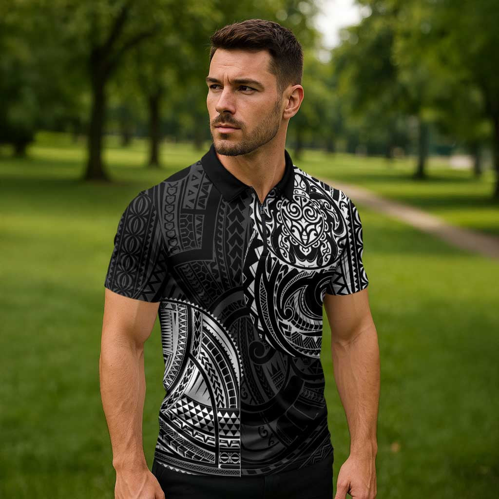 Polynesian Turtle Tribal Tattoo Zipper Polo Shirt Black Style LT9 - Polynesian Pride