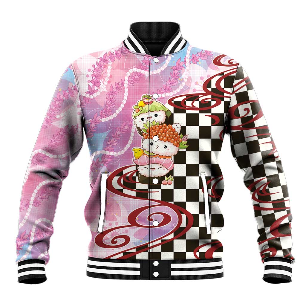 Personalized Japanese Kawaii Sushi Roll Baseball Jacket Wagara Palaka Pattern LT9 Unisex Pink - Polynesian Pride