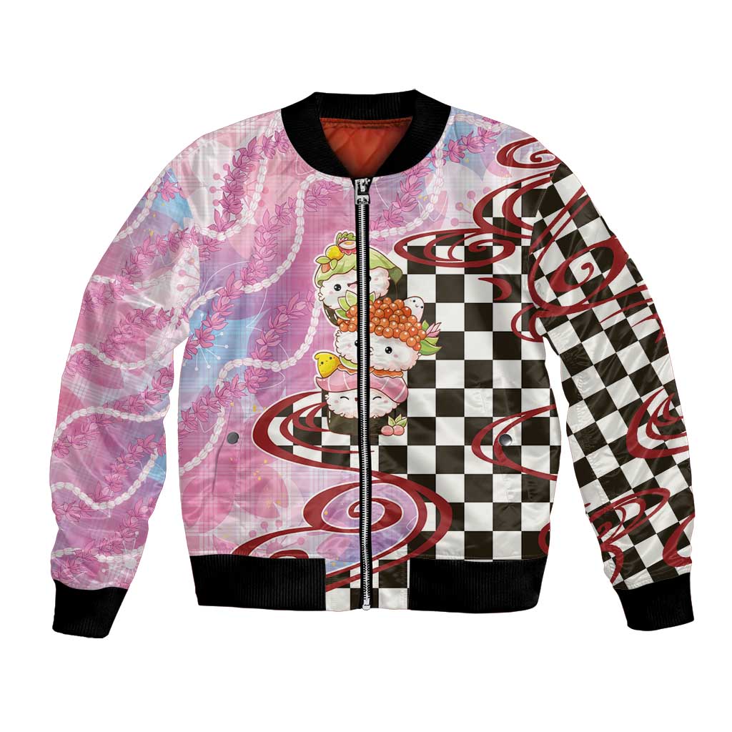 Personalized Japanese Kawaii Sushi Roll Bomber Jacket Wagara Palaka Pattern LT9 Unisex Pink - Polynesian Pride