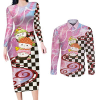 Personalized Japanese Kawaii Sushi Roll Couples Matching Long Sleeve Bodycon Dress and Long Sleeve Button Shirt Wagara Palaka Pattern LT9 Pink - Polynesian Pride