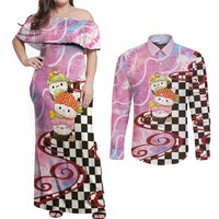 Personalized Japanese Kawaii Sushi Roll Couples Matching Off Shoulder Maxi Dress and Long Sleeve Button Shirt Wagara Palaka Pattern LT9 Pink - Polynesian Pride