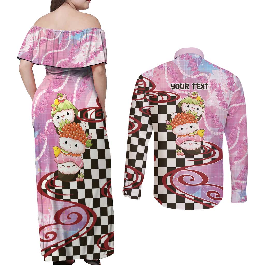 Personalized Japanese Kawaii Sushi Roll Couples Matching Off Shoulder Maxi Dress and Long Sleeve Button Shirt Wagara Palaka Pattern LT9 - Polynesian Pride